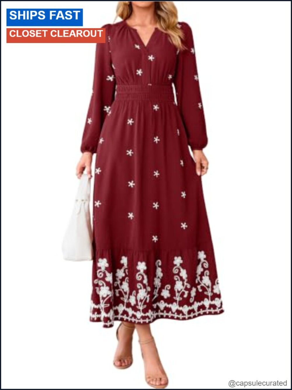 Floral Embroidered Maxi Dress Long Puff Sleeve Smocked Waist A-Line